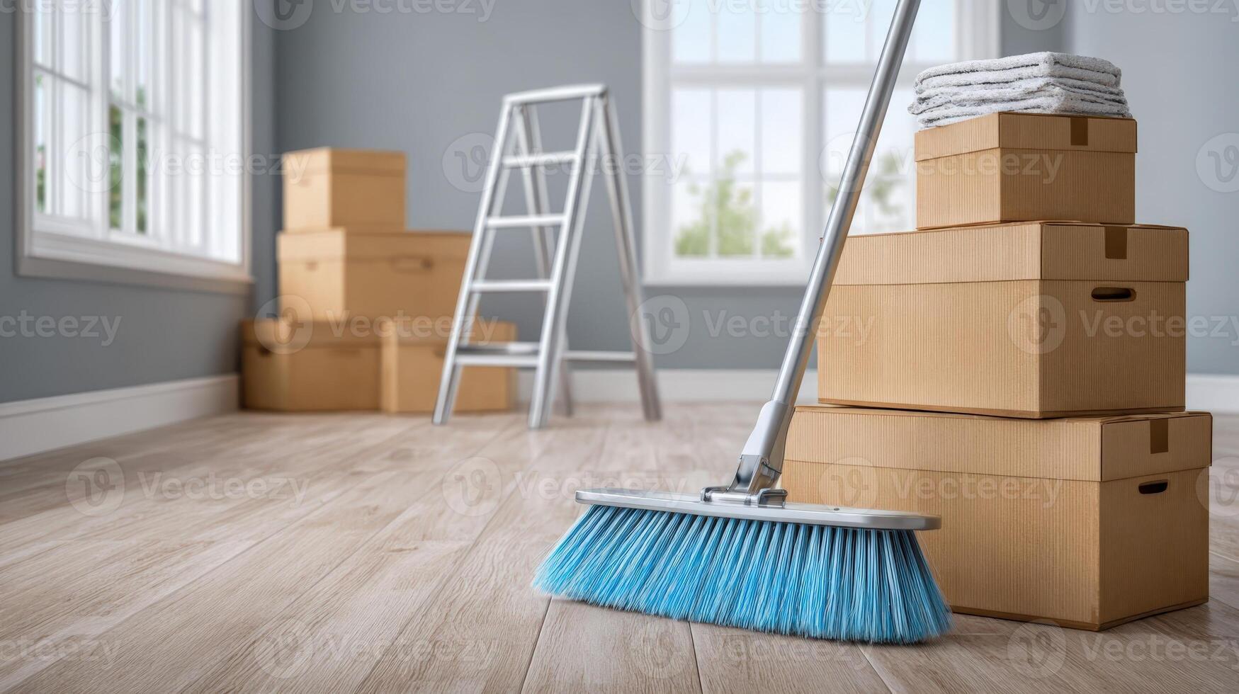 Empty Room with Boxes, Broom, and Ladder Ready for Cleaning After Moving, in Soft Light photo