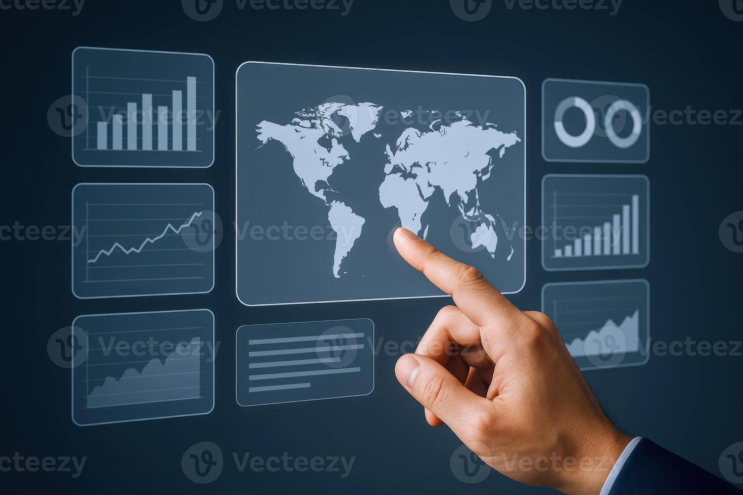 Global Data Visualization Hand Interacting with Interactive World Map and Business Analytics Charts on Digital Interface photo