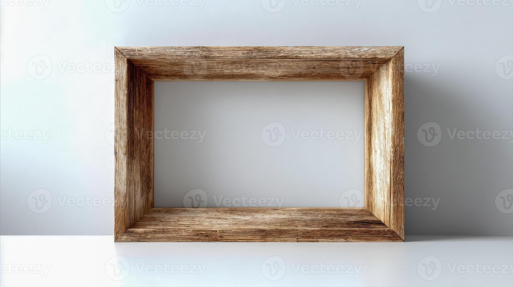 Wooden Rectangular Frame Mockup on White Surface, Rustic Style for Art Display and Advertisement photo