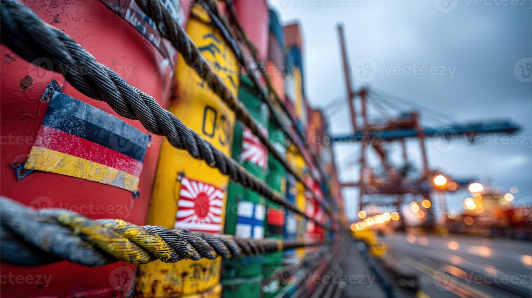 International Shipping Container Flags Stacked at Port Terminal with Crane Background for Global Trade photo