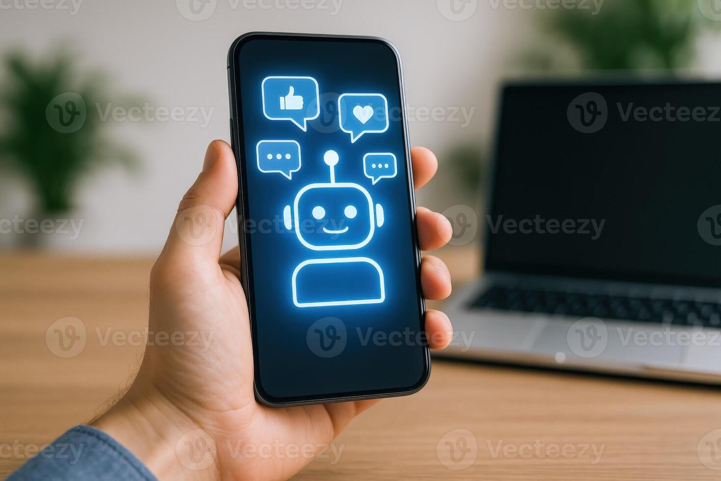 AI Chatbot on Smartphone Display for Customer Service and Automation with Laptop Background photo