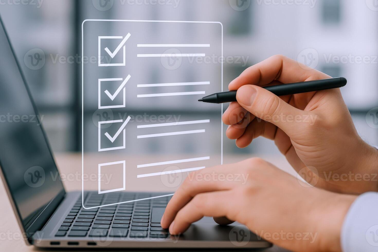 Online Survey Completion on Laptop Business, Data, and Technology Integration for Efficient Workflow photo