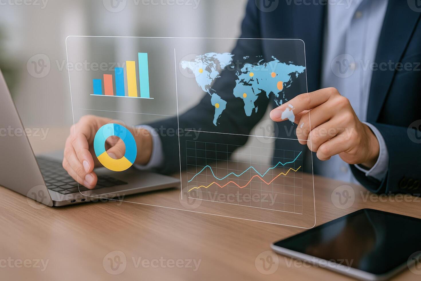 Data Visualization and Global Business Strategy Concept with Graphs, World Map, Charts, and Laptop photo