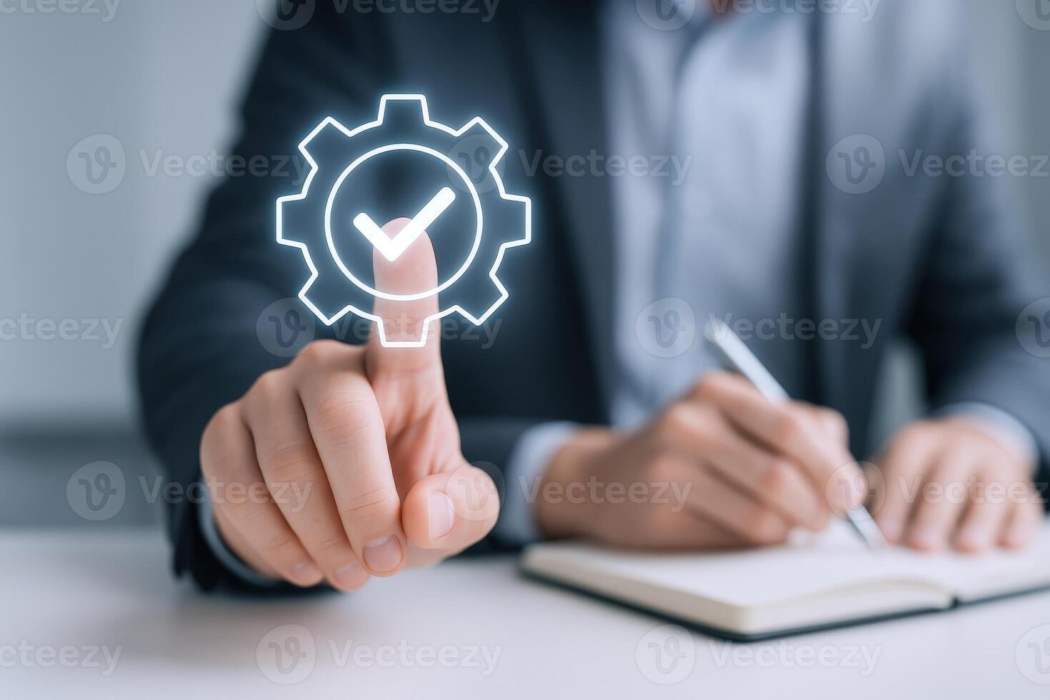 Businessman Selecting Process Optimization, Efficiency Symbol on Virtual Interface and Making Notes, Planning, Management photo