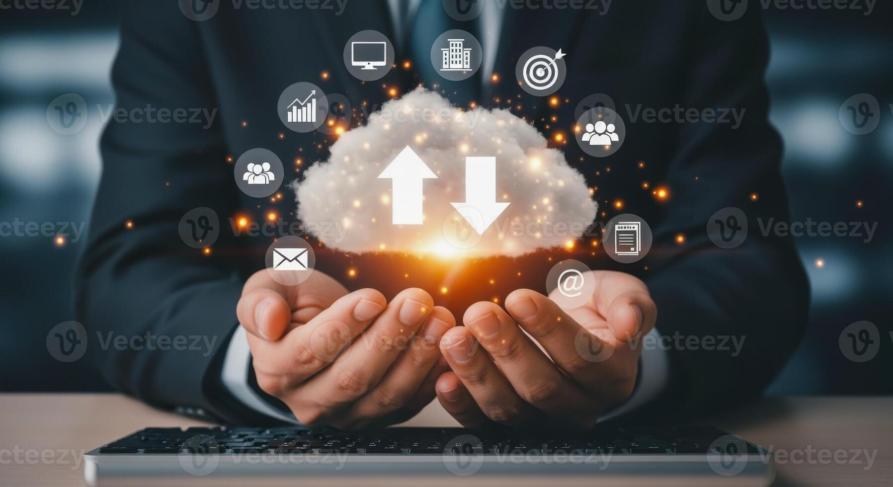 Cloud Computing Technology Business Person Holding Digital Cloud with Data Icons - Modern IT Solutions photo