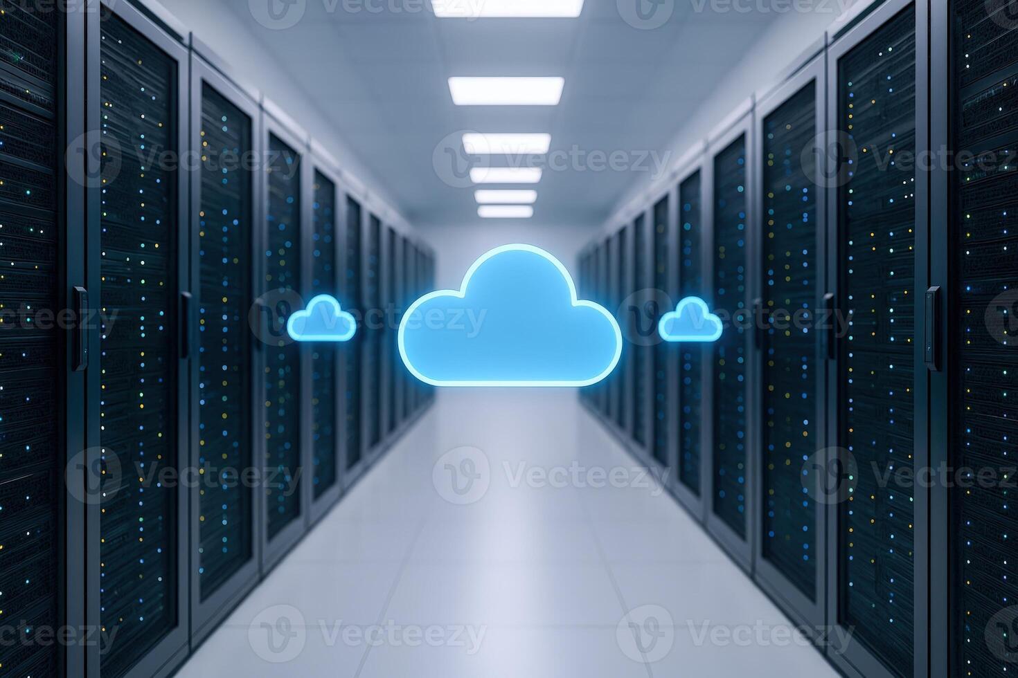 Data Center with Cloud Computing Concept Server Racks for Cloud Storage and Digital Network Infrastructure photo