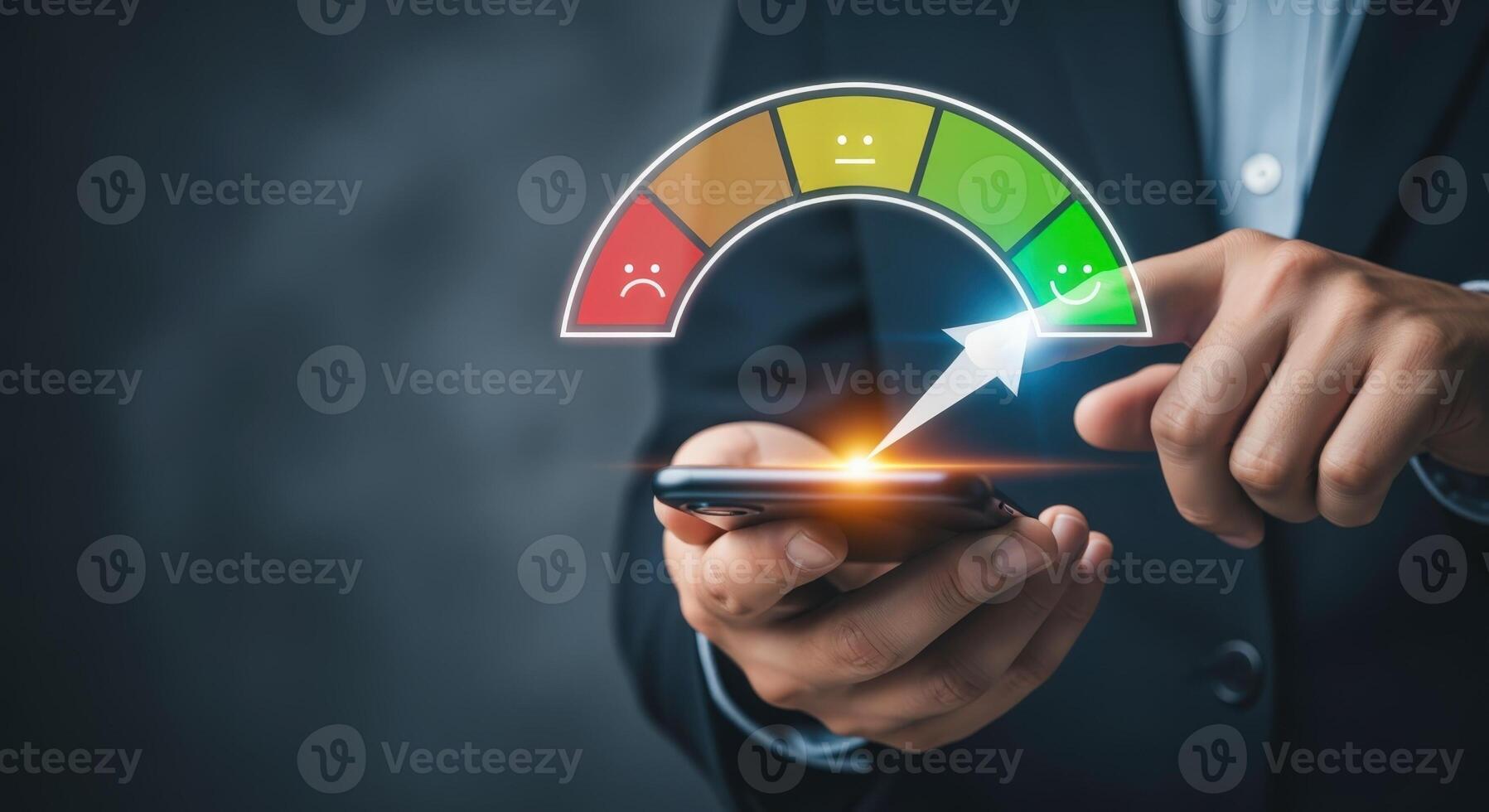 Performance Indicator with Arrow, Measuring Customer Satisfaction Level on a Mobile Device for Business photo