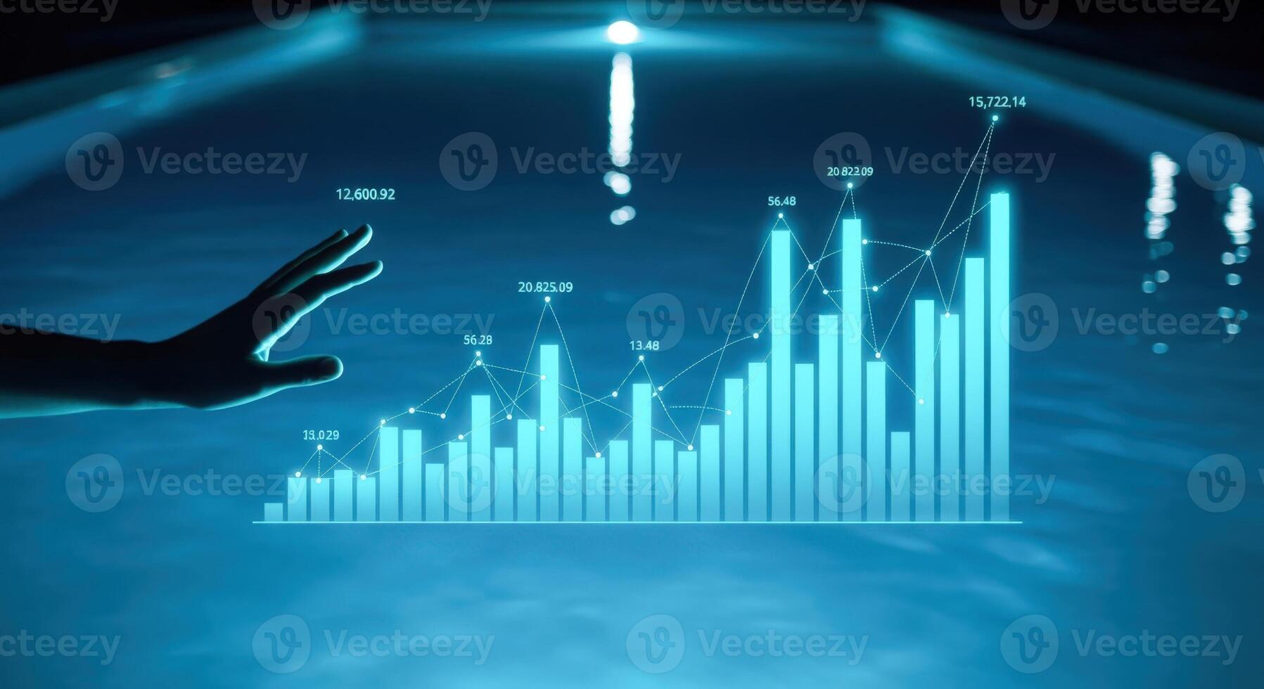 Interactive Data Visualization Hand Interacting with a Glowing Stock Market Chart on a Touchscreen Display photo