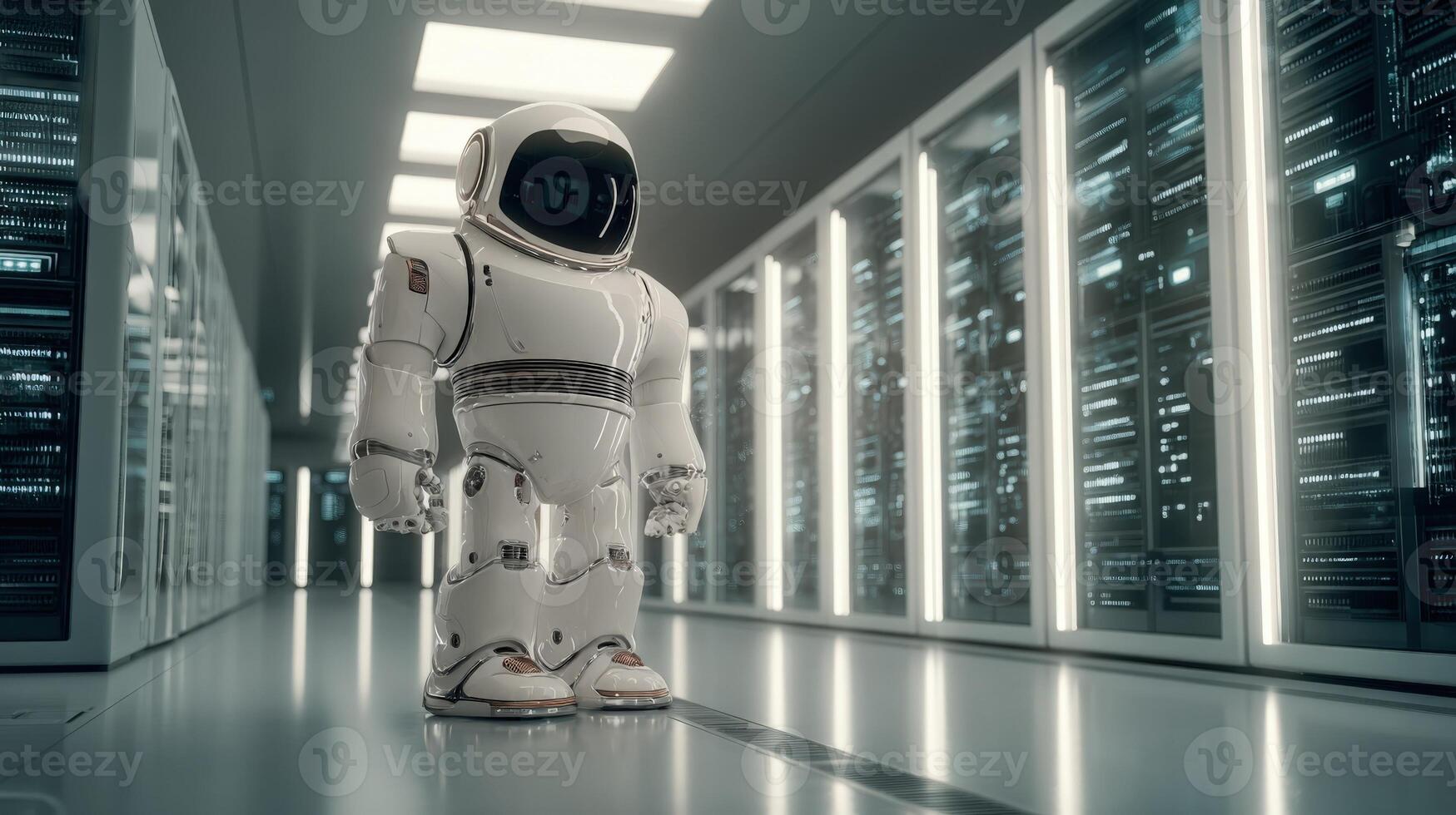 Futuristic Robot in Server Room Advanced Technology and Artificial Intelligence Concept photo