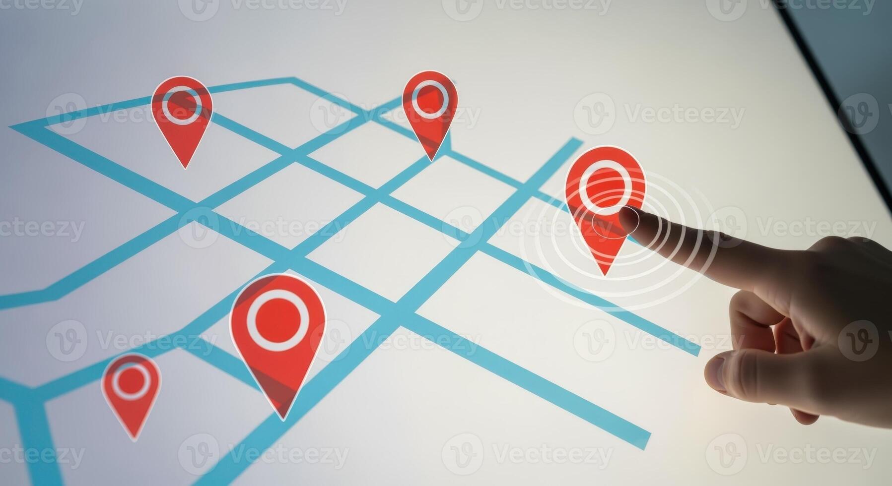 Interactive Map Interface Showing User Touching a Location Pin on a Touchscreen Display photo