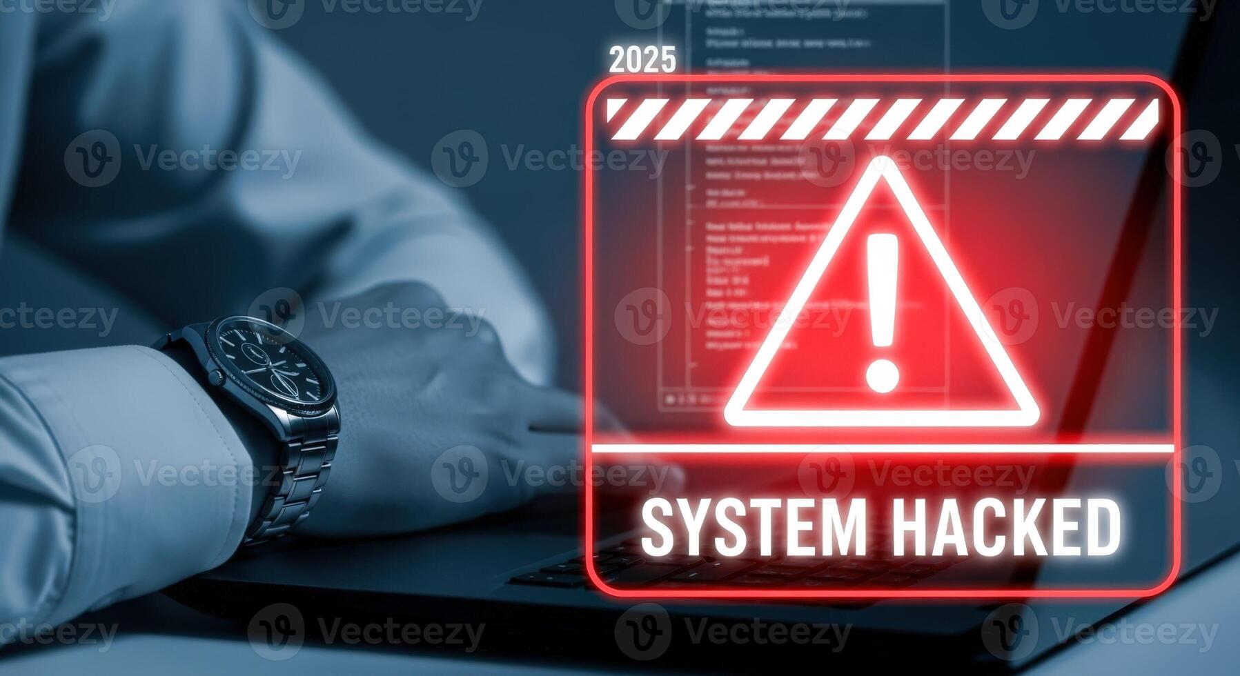 System Hacked Alert on Laptop Display, Security Breach, Data Compromised, Cyber Attack, Risk Management photo