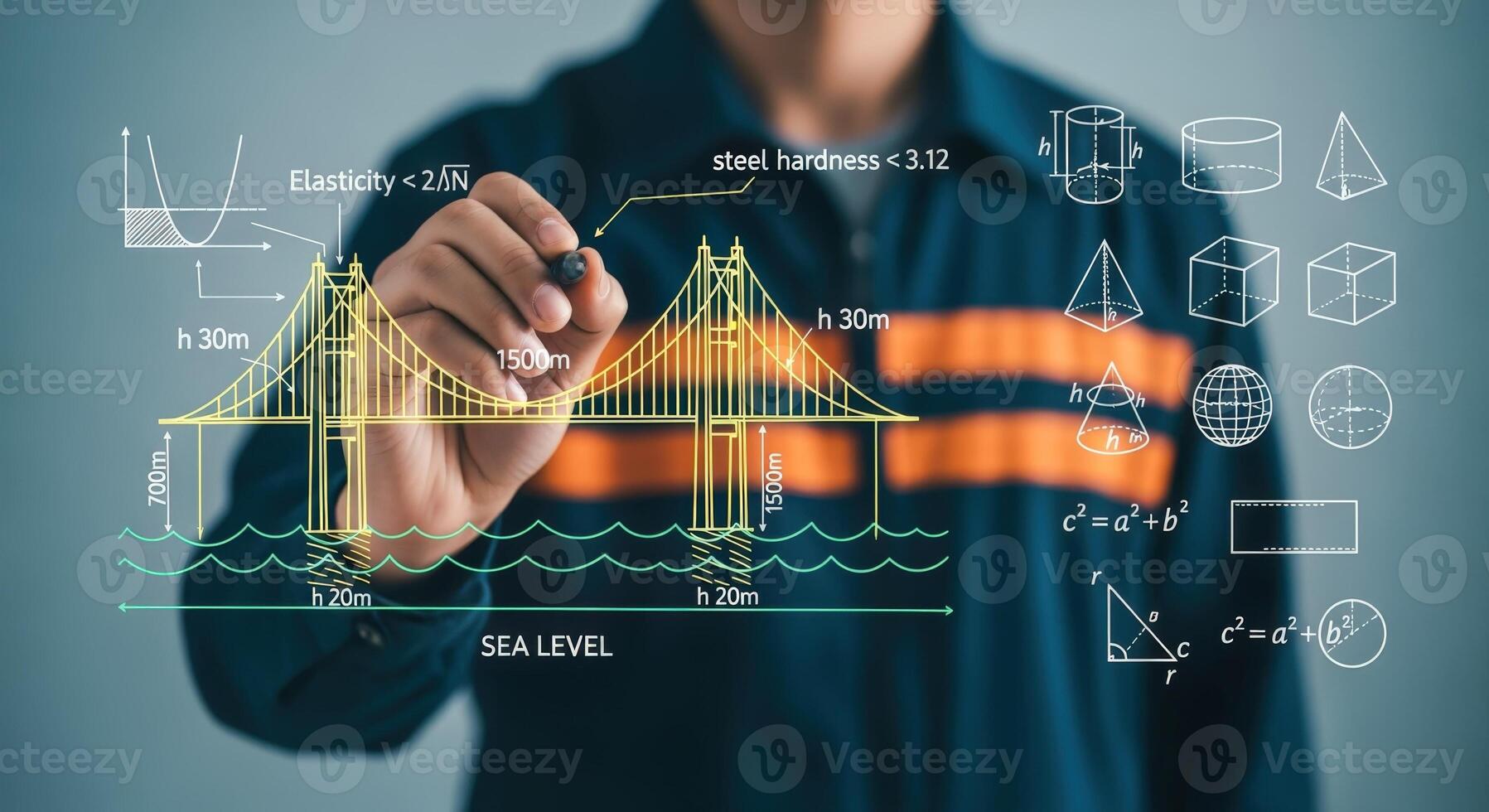 Engineer sketching bridge construction plan with digital pen displaying structural design and calculation on transparent screen technology photo
