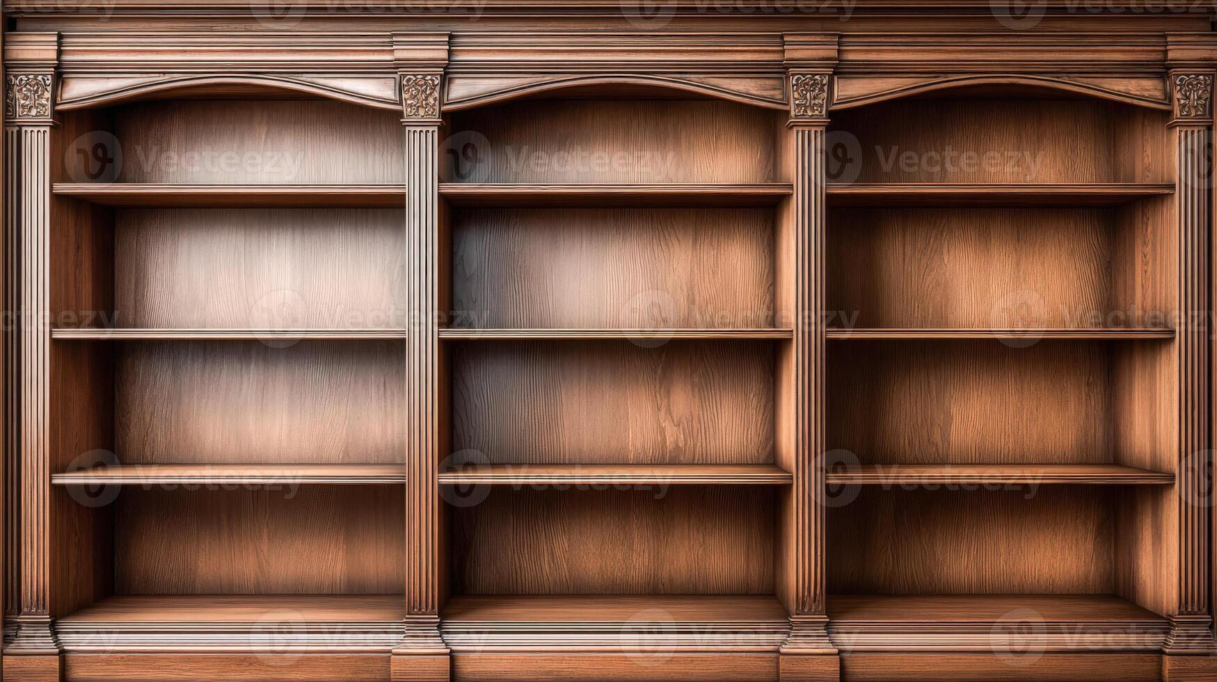 Empty Wooden Bookshelf with Three Sections, Suitable for Backgrounds or Mockups, Offering Ample Display Space photo