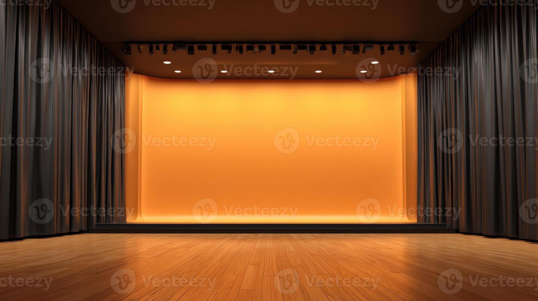 Empty Stage with Orange Backdrop and Black Curtains, Ready for Performance or Presentation photo