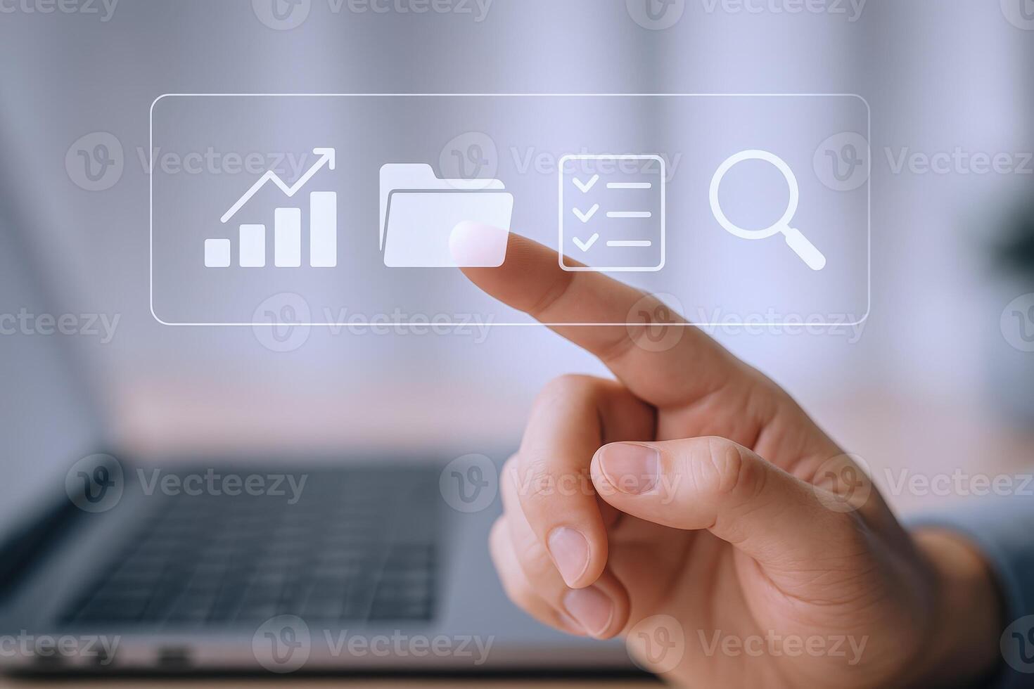 Data Analysis on Virtual Screen Businessman Navigating Data, Reports, and File Management for Business Growth photo