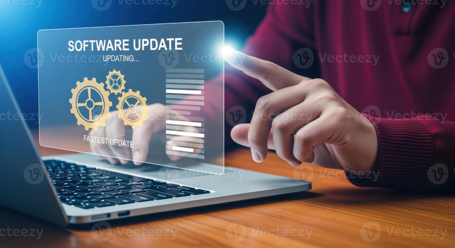 Software Update Installation Progress Displayed on Futuristic Screen with User Interaction on Laptop photo