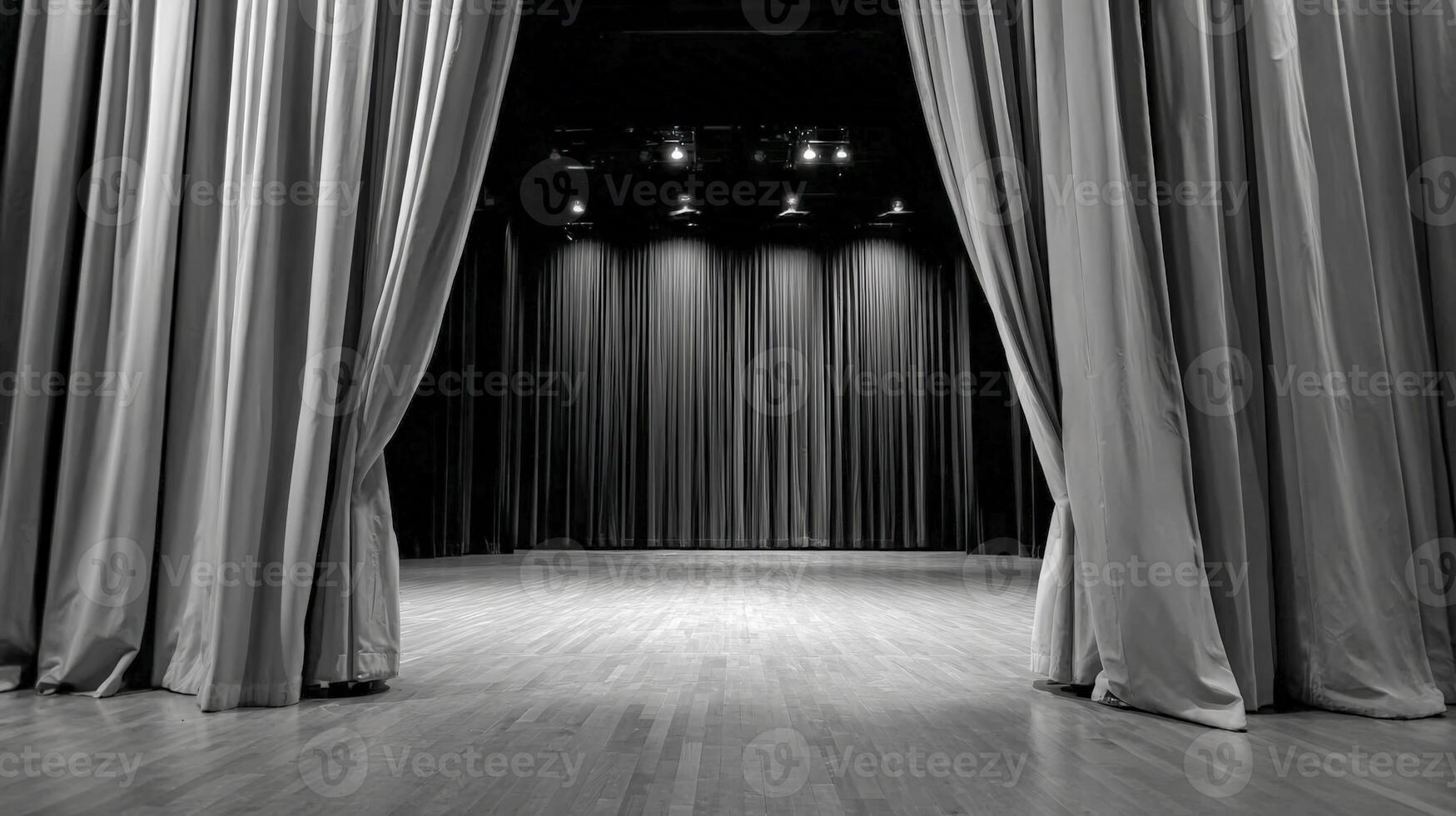 Empty Stage with Open Curtains in Black and White for Theater Productions and Presentations photo