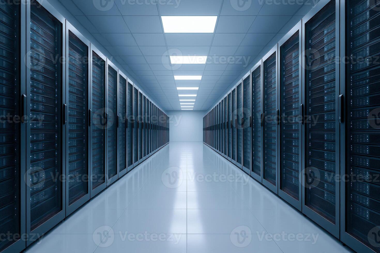 Data Center Server Room with Rows of Rack Servers and Network Equipment, Hosting Technology photo