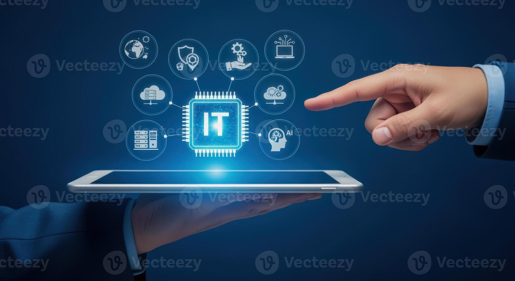 IT Services on Tablet with Hand Touching Digital Interface Representing Cloud Computing and Cyber Security photo