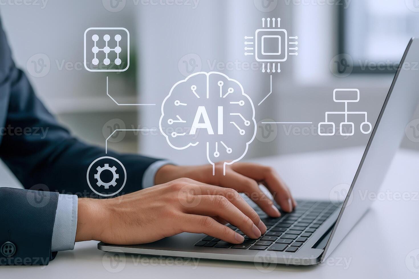 AI integration Man typing on laptop with artificial intelligence technology interface overlay, showcasing modern technology photo