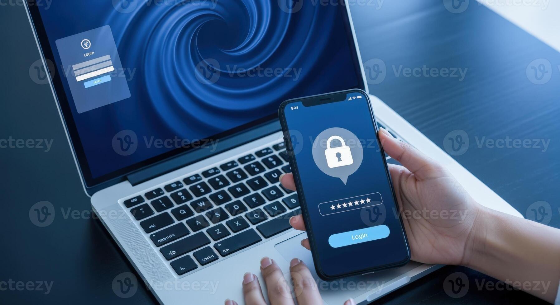 Data Security Laptop and Smartphone Displaying Secure Login and Password Authentication for Digital Protection photo