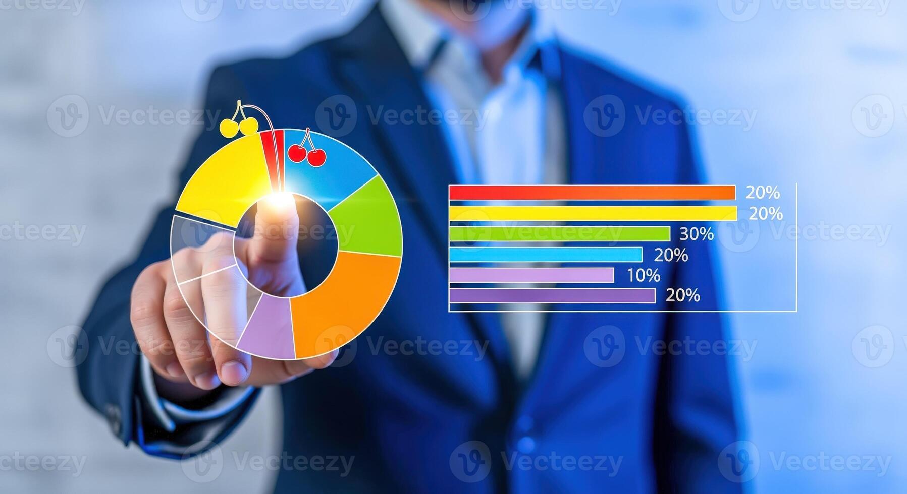 Business professional interacting with data pie chart and bar graph on futuristic virtual interface display photo