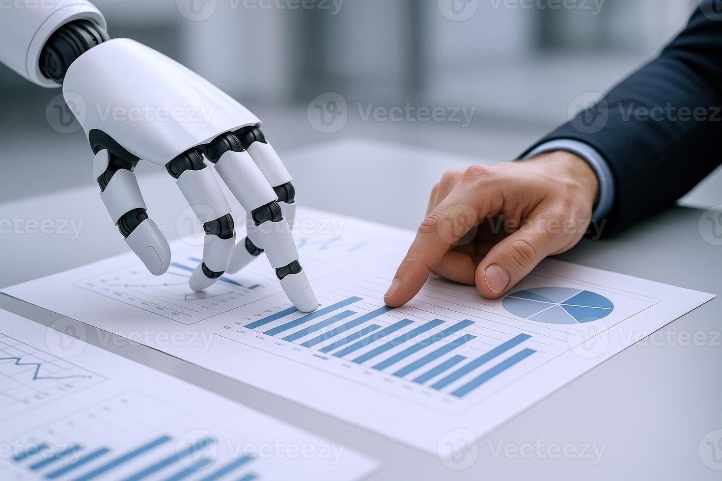 Human and Robot Collaborating Analyzing Business Data Graphs and Charts for Strategy Development photo