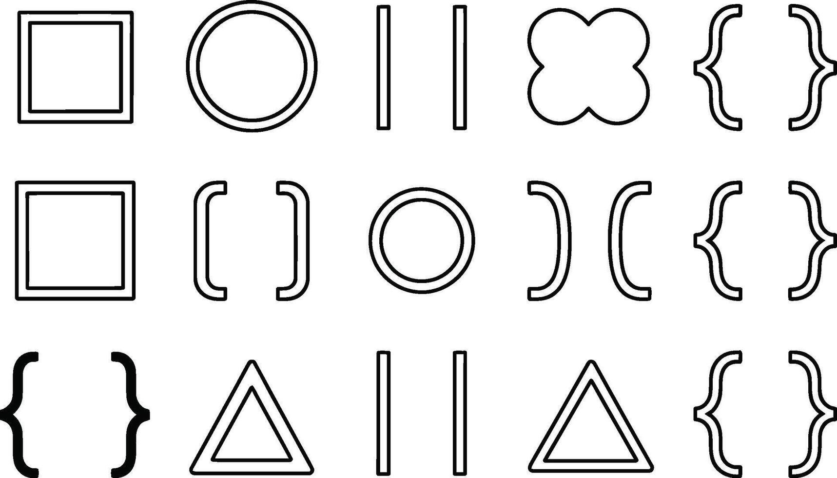 A minimalistic geometric design composed of various shapes like squares circles brackets and triangles perfect for graphic elements. vector