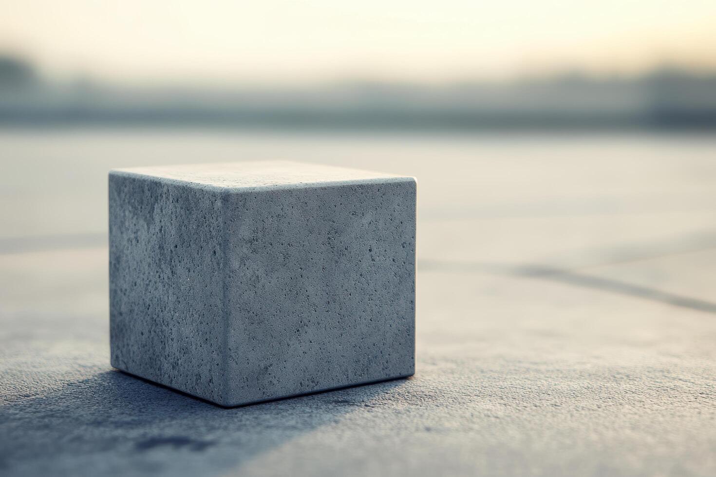 Concrete cube on a smooth surface during sunset in a serene setting photo