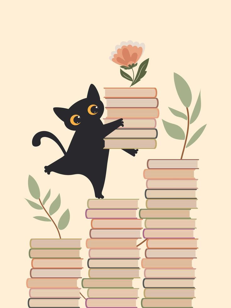 Black cute cat holds a stack of books and with each book he reads he gains more knowledge and vocabulary. vector