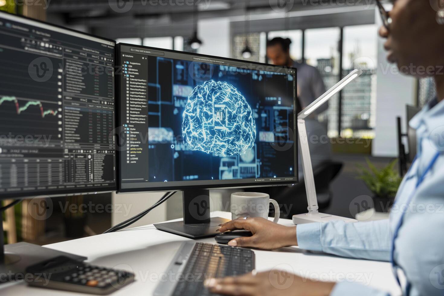 Trader in office utilizing AI LLM chatbot for instant market analysis and trading tips. Financial expert integrating AI analytics to monitor and react to global financial news photo