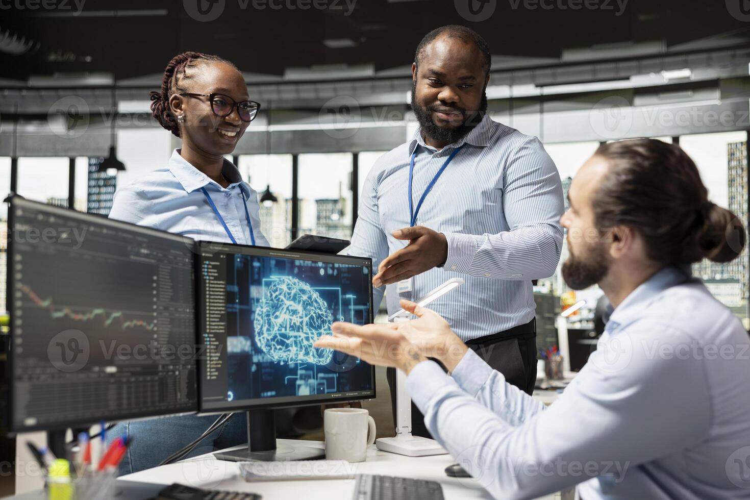 Teamworking stockbrokers leverage AI technology to optimize trading strategies. Hedge fund colleagues in office using deep learning software to enhance predictive accuracy of stock market movements photo