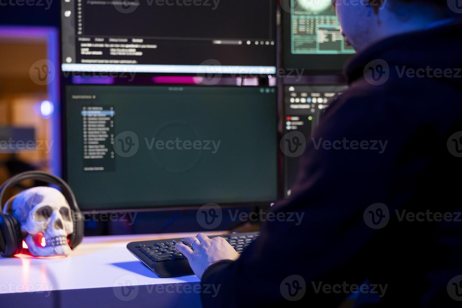 Close up of hacker typing on keyboard, targeting unpatched connections to gain unauthorized network access. Man bypassing security to exploit servers for stolen data profit photo