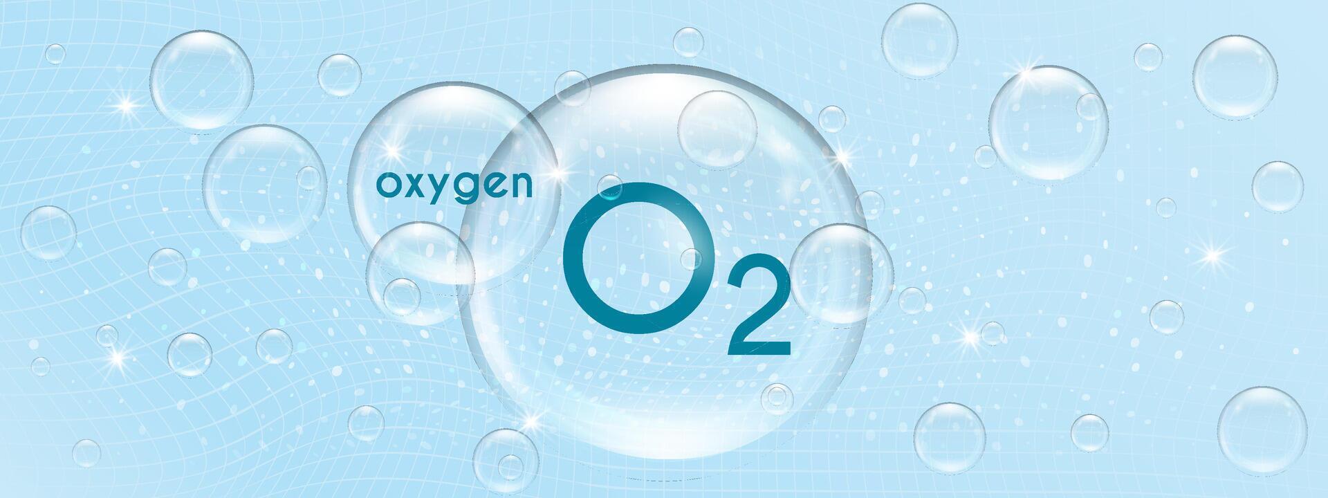 Oxygen molecule in a transparent 3d bubble. Clean water and air icon. O2 chemical element. illustration on abstract blue background vector
