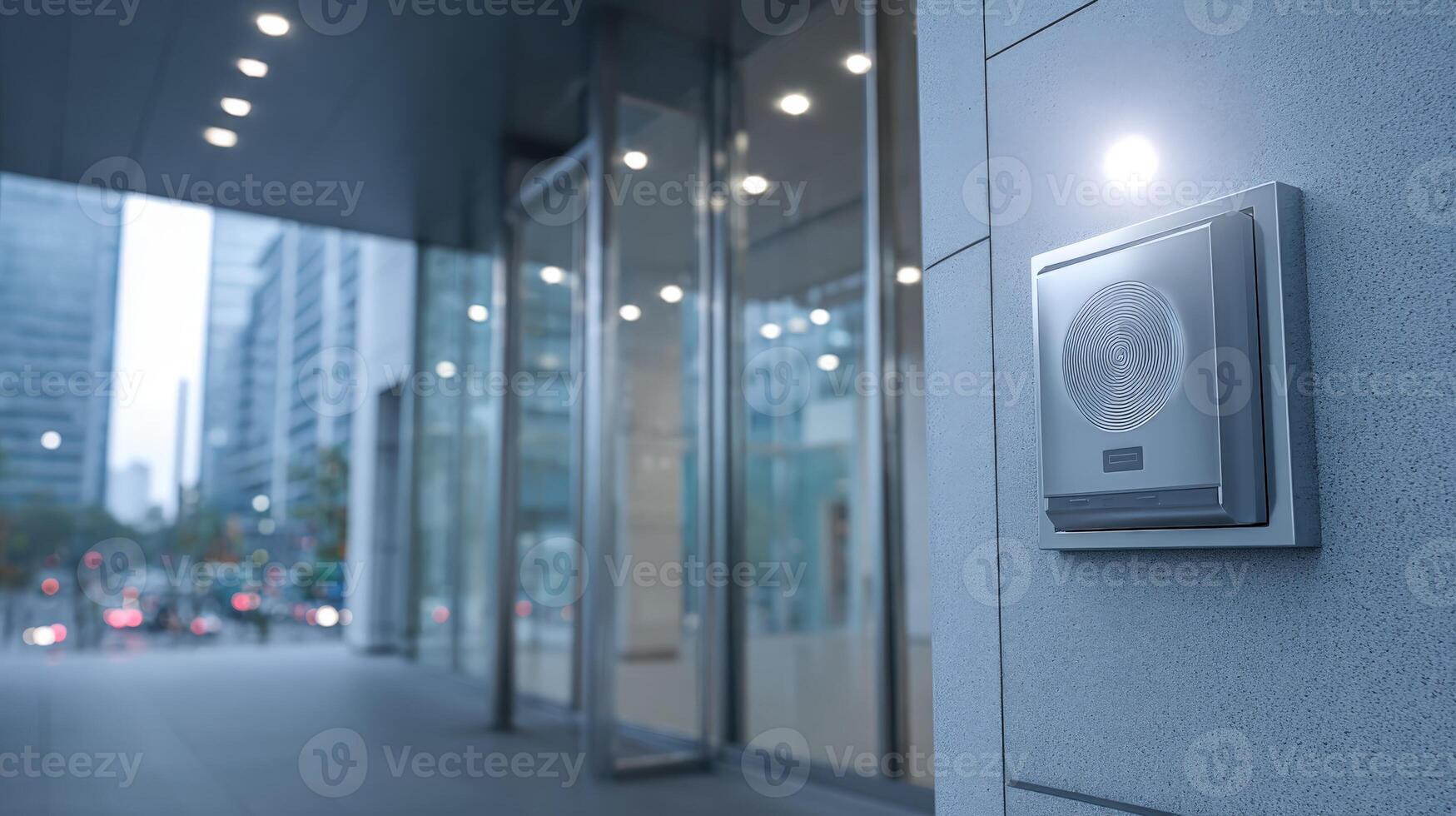 Modern Intercom System at Building Entrance with Illuminated Button for Secure Communication Access photo
