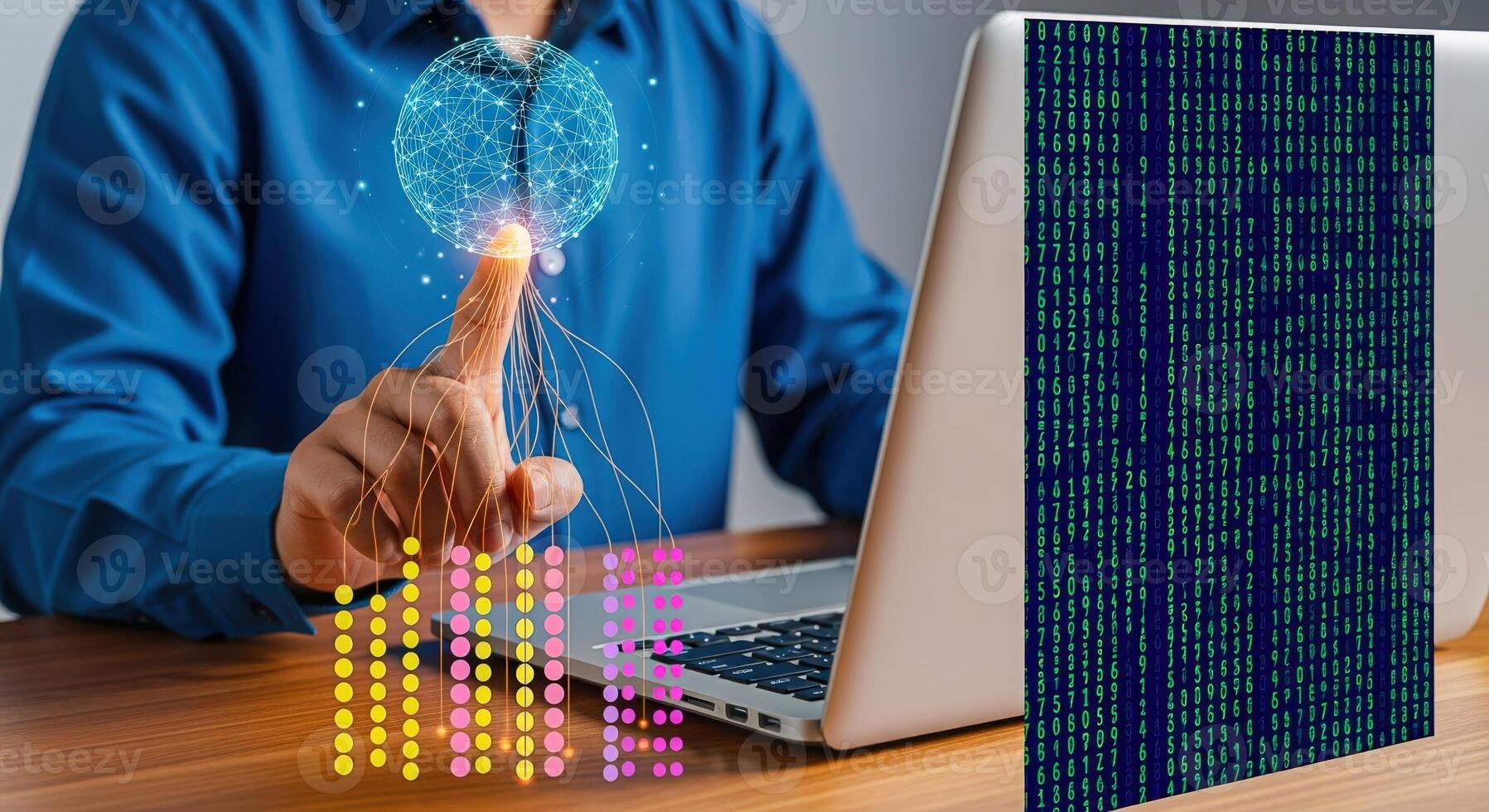 Artificial Intelligence Concept Person Interacting with Brain Interface and Computer Code, Digital Transformation, Modern Technology photo