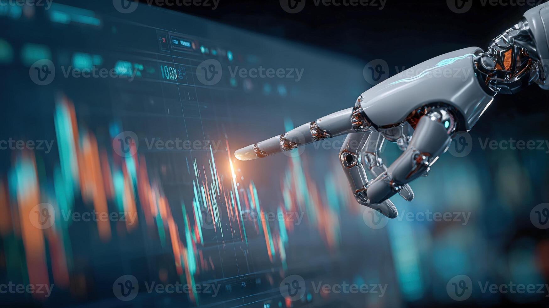 Robotic Arm Interacting with Stock Market Data Visualization Displaying Financial Trends and Analysis photo
