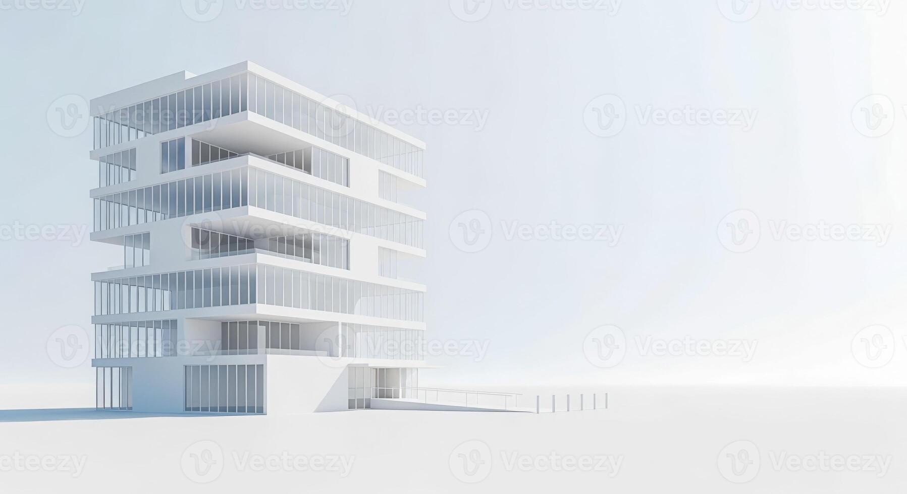 Modern Minimalist White Building Facade Architecture Rendering with Clean Lines and Open Space, Ideal for Architectural Visualization photo