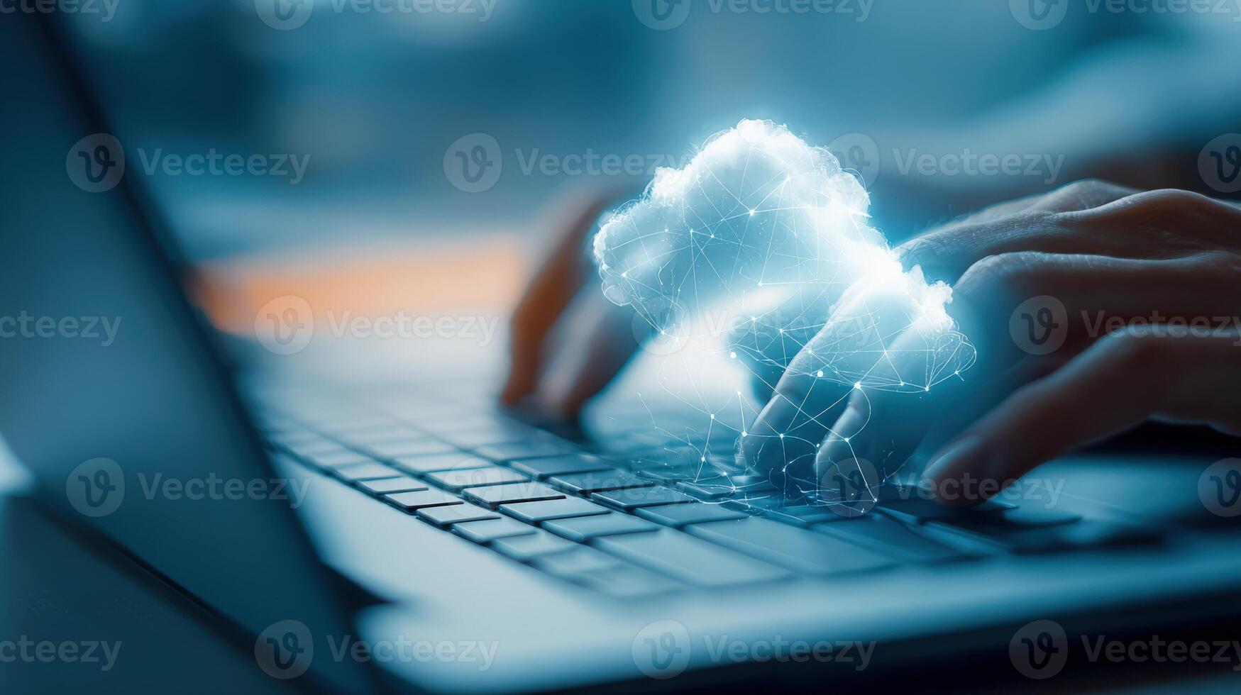 Cloud Computing Connectivity Person Using Laptop with Digital Cloud Overlay for Modern Technology Solutions photo