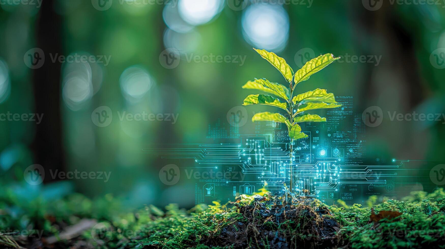Emerging Plant with Digital Connection in Forest, Symbolizing Technological Growth and Sustainable Development photo
