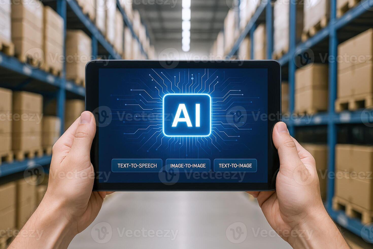 Artificial Intelligence Implementation Hands Hold Tablet Displaying AI Interface in a Modern Warehouse Environment photo