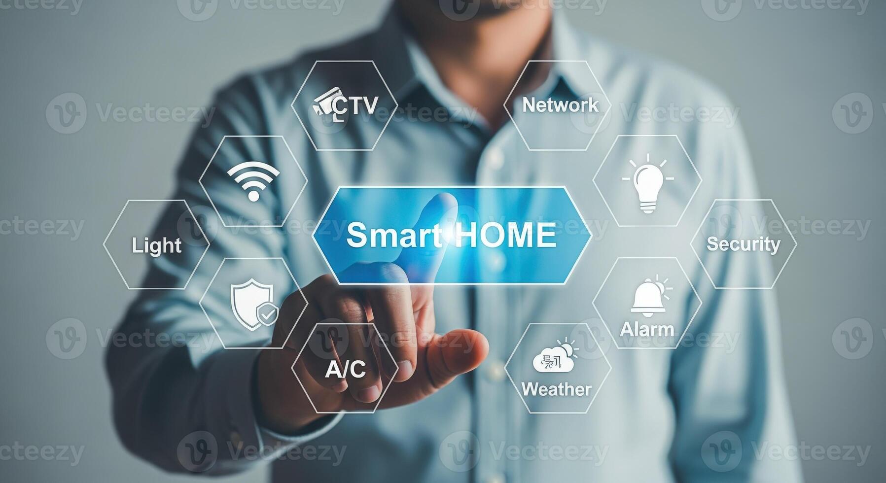 Smart Home Automation Technology Concept Man Interacting with a Digital Interface for Intelligent Home Management photo