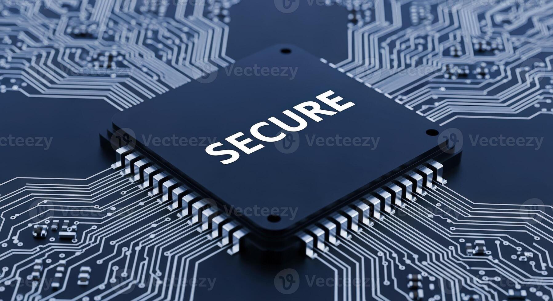 Secure Microchip Close-Up on Motherboard Illustrating Cybersecurity Concepts for Modern Technology and Data Protection photo