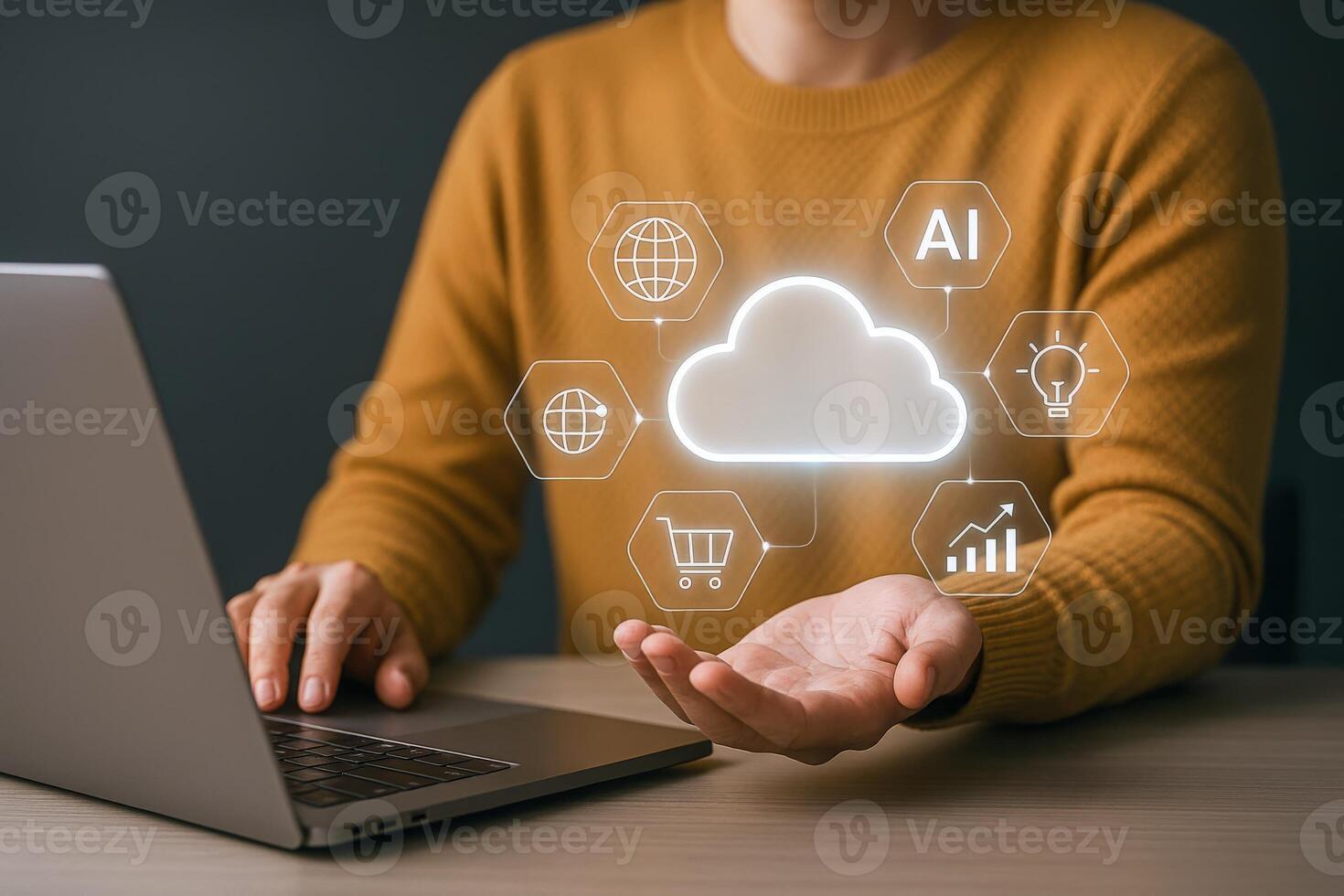 Cloud Computing Technology Man Using Laptop with Digital Cloud, AI, and Network Icons photo