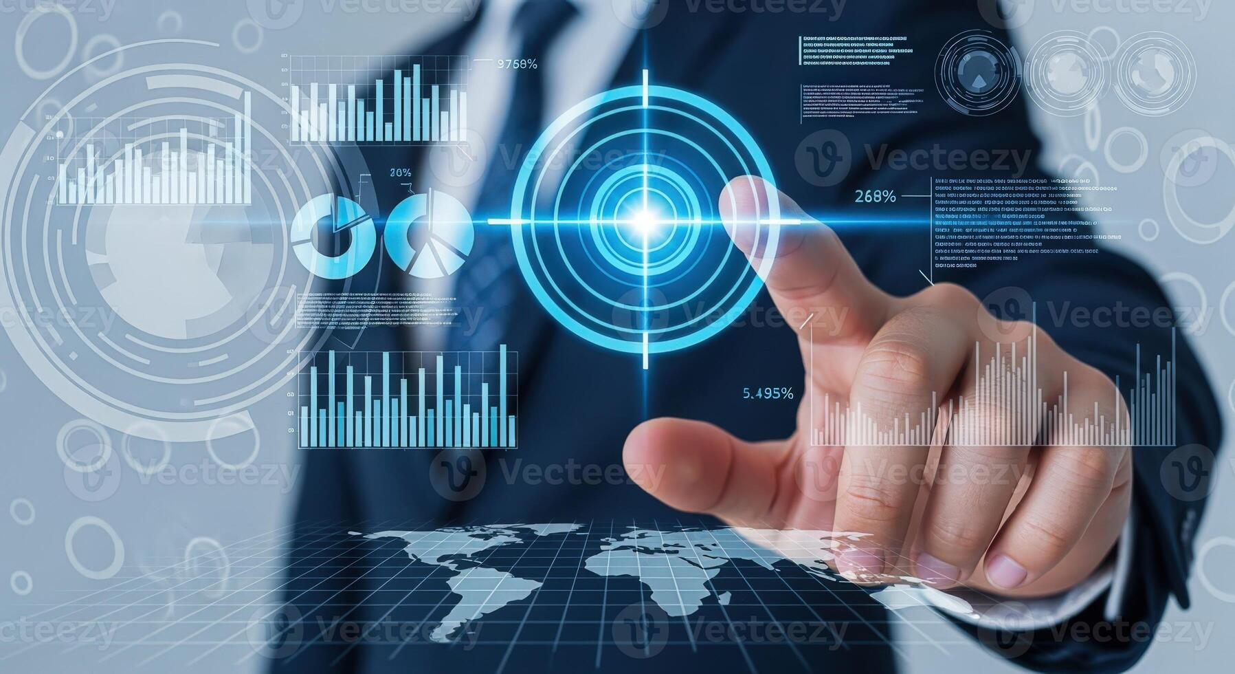 Businessman Interacting with Digital Data Interface Future Technology, Data Analysis, and Global Connectivity Concept photo