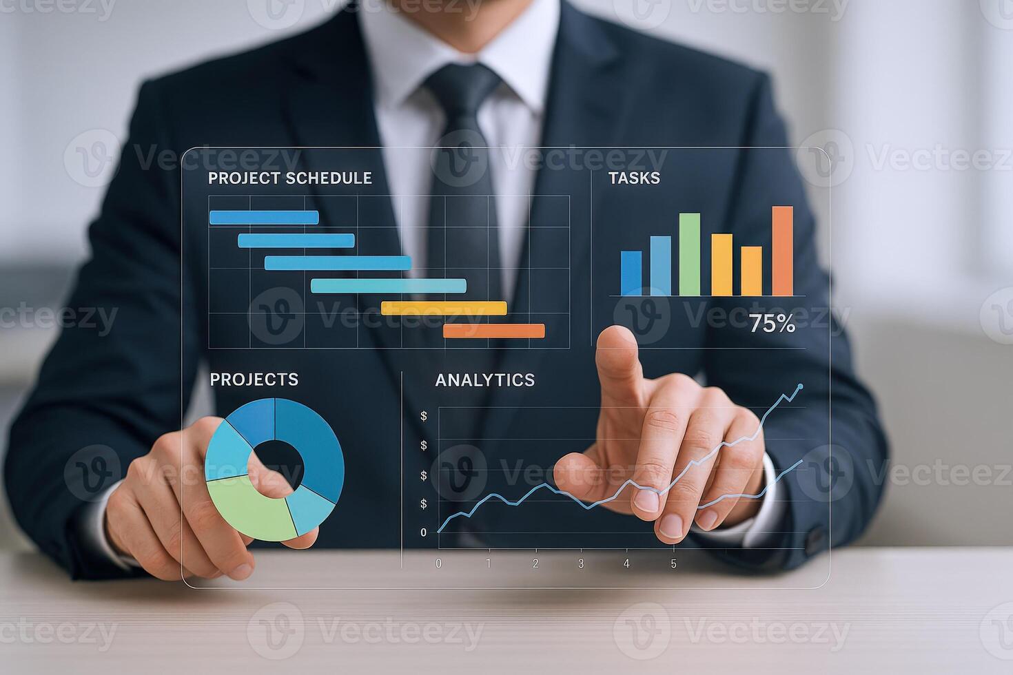 Businessman Interacting with a Digital Analytics Interface Displaying Project Schedule, Tasks, Projects and Analytics Information photo