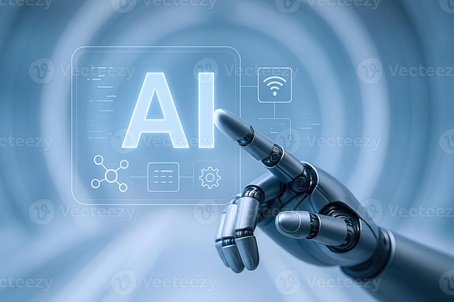 Robotic Hand Touching an Artificial Intelligence Interface, Representing Technology, Innovation, and Automation in Future photo