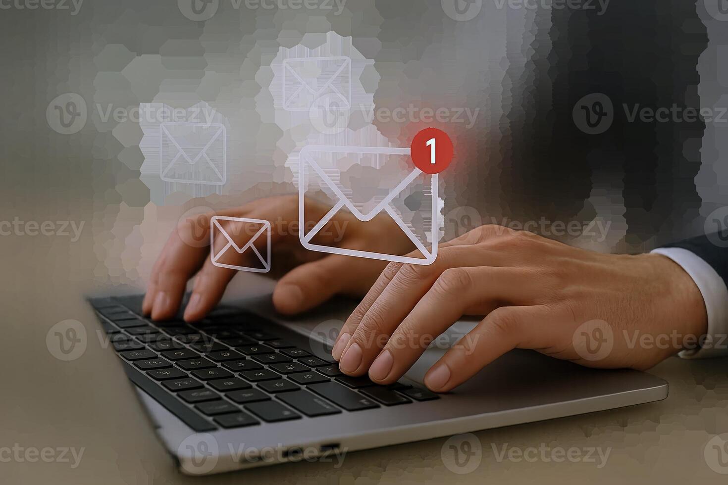 Hands Typing on Laptop with Email Notifications Displayed on Screen, New Message Concept, Isolated photo