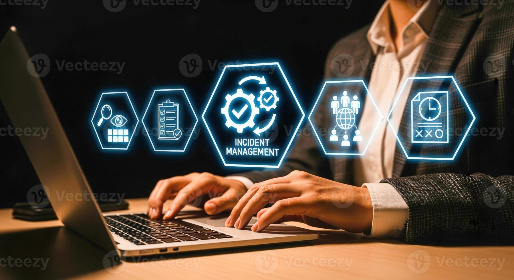 Incident Management with Businessman Using Laptop and Data Analysis Graphics for Efficient Problem Resolution photo