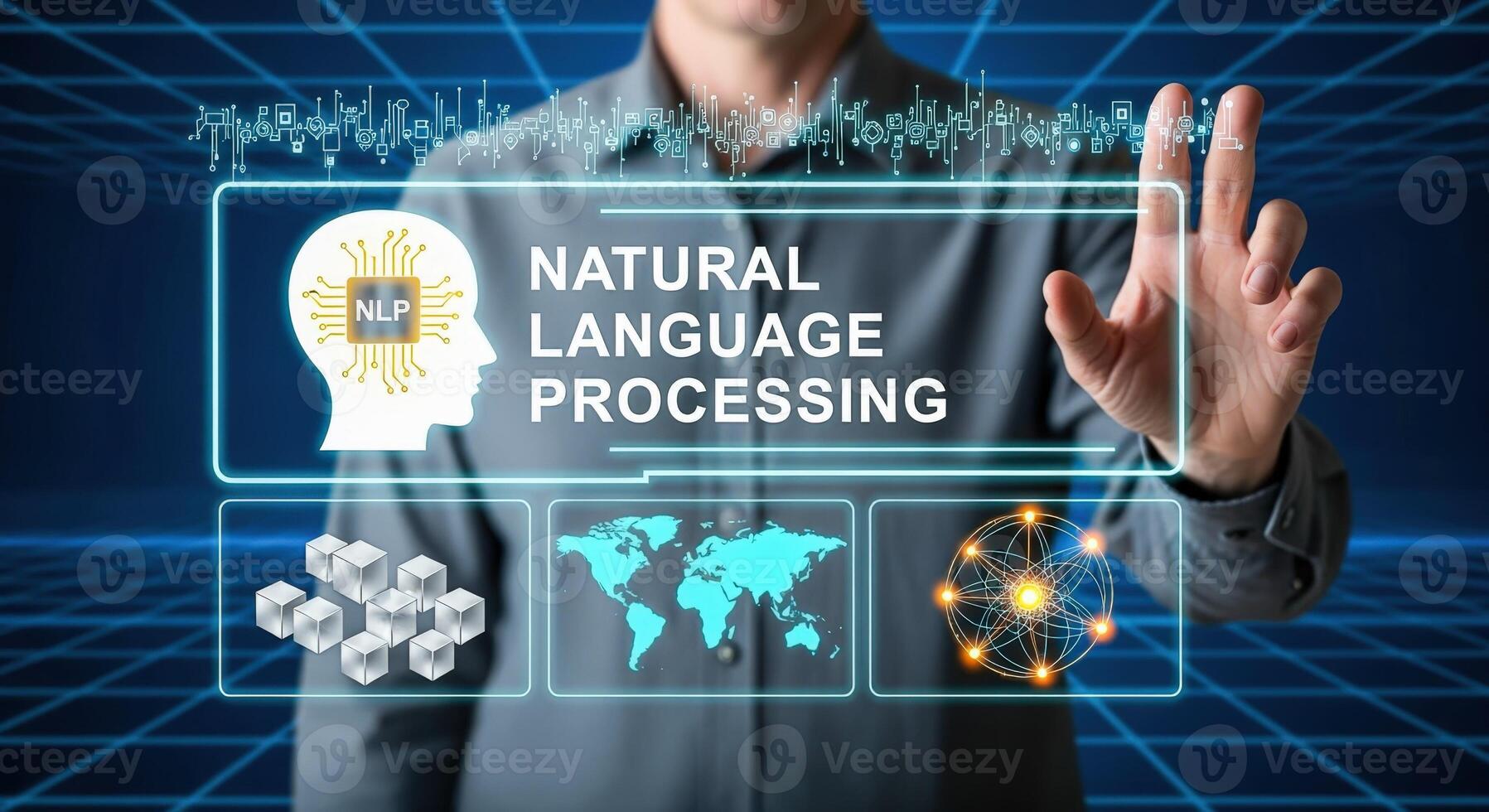 NLP Futuristic Touchscreen Interface Natural Language Processing Concept with Human Interaction on Digital Display photo